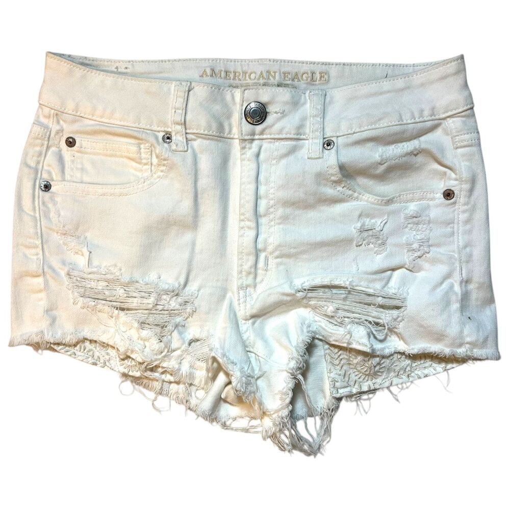 AE American Eagle White Distressed CutOff Jean Shorts Jorts Embroidered Pockets